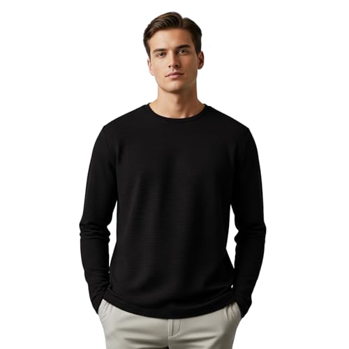 Image of Nobero Ottoman Texture Full Sleeve T-Shirt for Men | 240 GSM Regular fit Tshirt for Men | Casual Wear