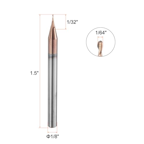 Image of HARFINGTON Ball Nose End Mill 2 Flute 1 /64 inch Diameter 1 /8 inch Shank Tungsten Carbide Uncoated Spiral CNC Router Bits 1 /32 inch Cutting Length Single End Ball for Carving Engraving Grinding