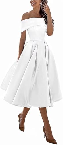 Image of Knee-Length Satin Off Shoulder Homecoming Dress Short Prom Cocktail Party Dress for Junior