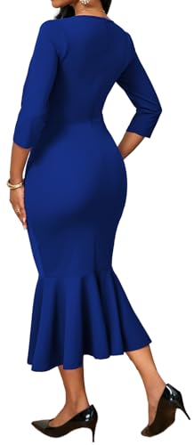 Image of Elegant Dress for Women Sexy V Neck Long Sleeve Bodycon Midi Fishtail Dresses