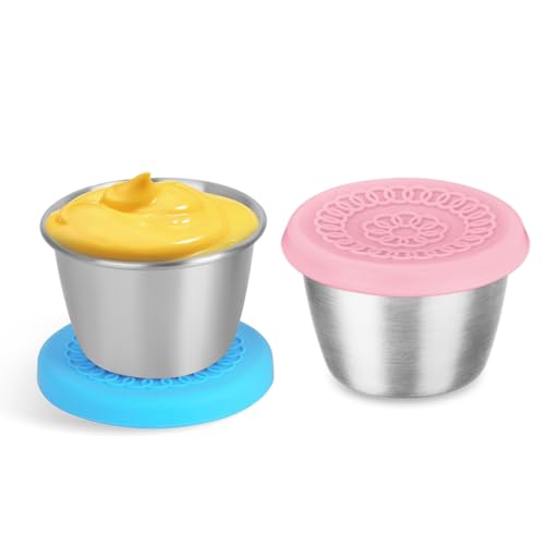 Image of HASTHIP 2pcs Salad Dressing Container To Go, 70ML Small Containers with Lids, Reusable Stainless Steel Sauce Cups for Lunch Bento Box, Picnic and Travel, Pink+Blue