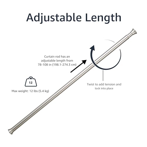 Image of Amazon Basics No Drill Spring Tension Curtain Rod, Adjustable Extra Long 78-108 inch Width, Nickel, Classic Finial