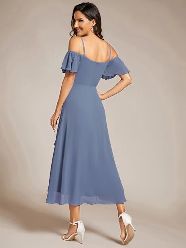 Image of Ever-Pretty Women's Summer Cold Shoulder Hi-Lo Asymmetrical Hem Flowy Chiffon Short Wedding Guest Dress 02103