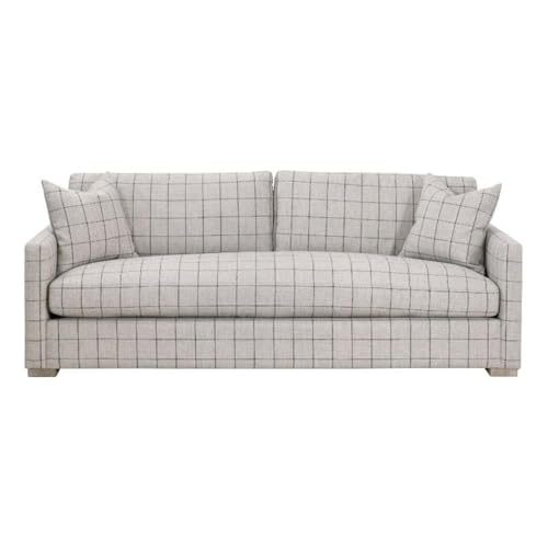 Pemberly Row 86" Slim Arm Sofa, Windowpane Cement Upholstery, Natural Gray Oak Feet, Solid Oak Frame, Reversible Cushions, 8-Way Hand-Tied Suspension, Includes 2 Down Feather Pillows, Transitional