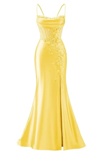 Robe de soirée longue sirène avec fente et dentelle satinée pour bal