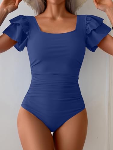 Image of Eomenie Women's Tummy Control One Piece Swimsuit Ruffle Square Neck Bathing Suit Ruched Cutout Back Slimming Swimwear