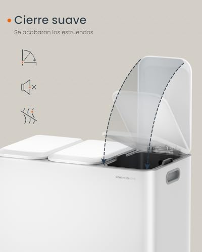 Miniatura 5 de Songmics Home Papelera De Cocina Triple, Cubo De Basura De 3 X 15 L Con Pedales Codificados Por Colores, Sistema De Separación De Residuos, Con Tapas Y Cubos Interiores, Acero, Blanco Nube