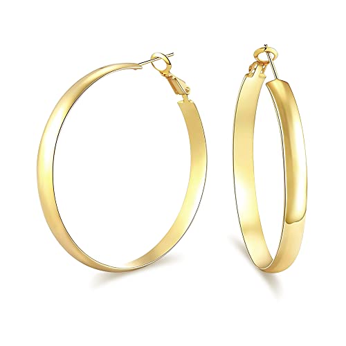 WOWSHOW Large Gold Hoop Earrings Wide Flat Hoop Earrings Thick Hoops for Women 50mm