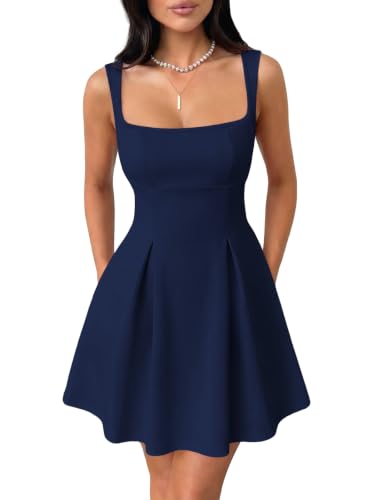 IWD Womens Square Neck Sleeveless Mini Dress Adjustable Strap Sexy Backless Bow Tie A Line Short Party Dresses Navy Blue Medium