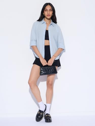 Image of The Souled Store Cotton Linen: High Tide Women and Girls Full Sleeves Spread Collar Light Blue Striped Cotton Linen Blend Regular Fit Lightweight All-Season Shirt