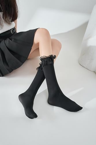 Image of Black Knee High Socks for Women with Lace Trim and Bow - Over-the-Knee Cosplay Stockings for Gothic Lolita, Maid Outfit, School Uniform, Halloween Costume