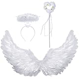 Idota 3 Stück Engelsflügel Weiß 60CM mit Heiligenschein und Zauberstab 3 Stück Engel Flügel Weiß Kostüm Kinder Party Karneval Fasching Halloween Deko