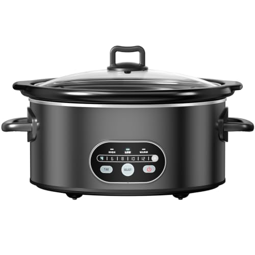OLIXIS Slow Cooker 6 Quart, Ceramic Nonstick Coating, Programmable Slow Cooker with Dishwasher Stoneware Pot and Tempered Glass Lid, Multi Cookers with 3 Temperature, 35in Tangle Free Cord, Black