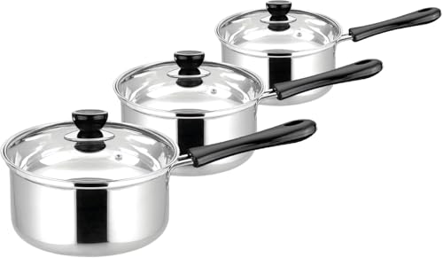 Ellman 3-Piece stainless steel saucepan set with Glass Lids – Lightweight & Budget-Friendly stainless steel cookware set – 16cm, 18cm, 20cm – Steam Vents, Dishwasher Safe – Gas, Electric & Ceramic Hob