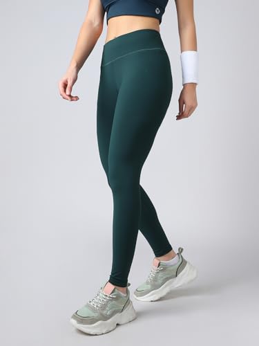 Image of TECHNOSPORT Women's Solid Slim Fit ELASTOPLUS Tights High Waist Polyester Gym Leggings for Yoga Running Workout UPF50+ Anti Odour