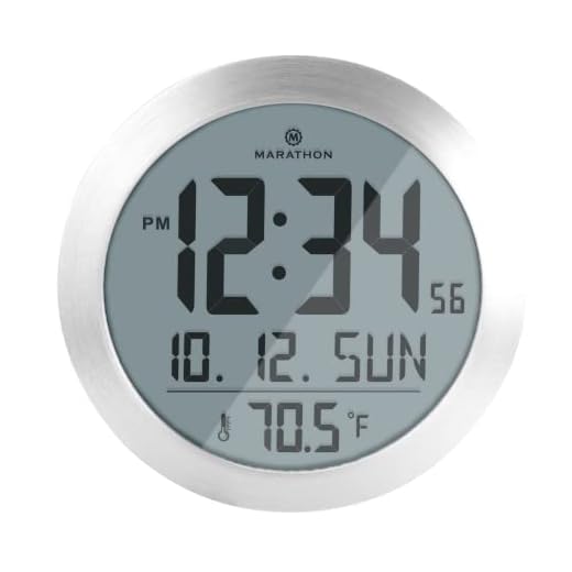 MARATHON 8-Inch Round Digital Wall Clock, Stainless Steel - Large, Easy-to-Read Display - AM/PM or 24-Hour Time, Eight Time Zones, Indoor Temperature, Date