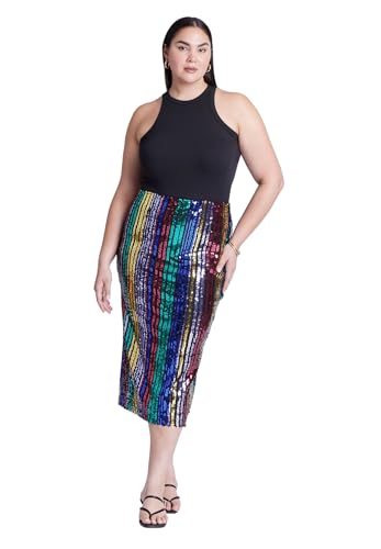 ELOQUII Women's Plus Size Rainbow Striped Sequin Midi Skirt