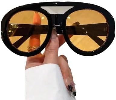 Women's Boho Oversized Round Frame Fashion Glasses with Yellow Lenses for Outdoor and Daily Life