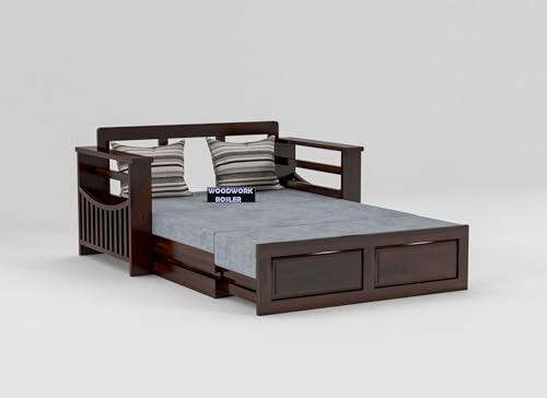 Image of Solid Sheesham Wooden Sofa Cums Bed with Mattresses for Living Room | Rosewood 2 Seater Sofa Cums Bed for Bedroom Without Pillow (A-Walnut)