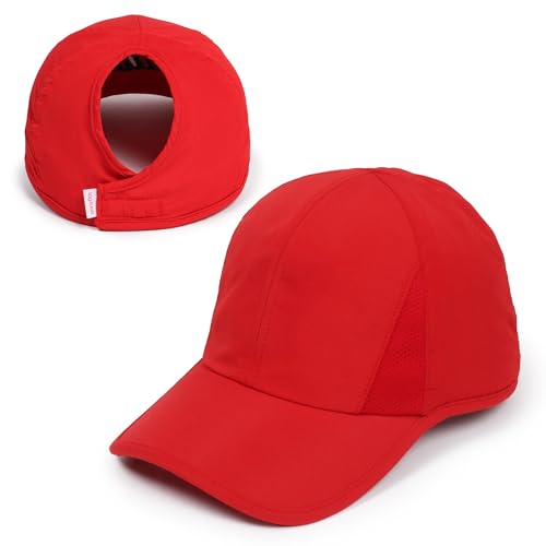 Ponyflo Womens Ponytail Baseball Cap Patented Active Feather-Light Hat with Open Back Red