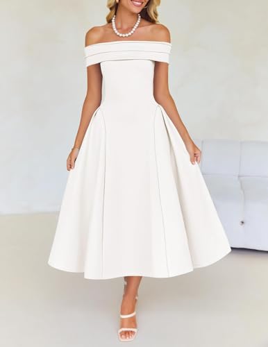 Image of ZESICA Summer 2026 Cocktail Dresses for Women's Off Shoulder Short Sleeve Swing A Line Wedding Evening Party Midi Dress