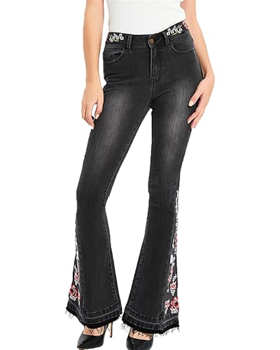 Andongnywell Ladies Embroidered Flared Jeans Women's Floral Embroidery Bell Bottom Denim Pants Trousers