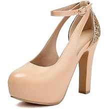 ForeMode Womens High Heels Tie Back Sexy Closed Round Toe Chunky Pump Ankle Strap Wedding Dress Shoes Wedding Party Pumps