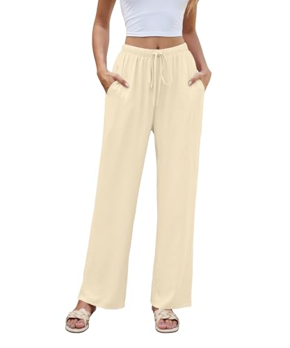 Women High Waist Casual Pants Elastic Wide Leg Summer Beach Palazzo Trousers with Pockets Lightweight Comfy(Beige Yellow, Large)