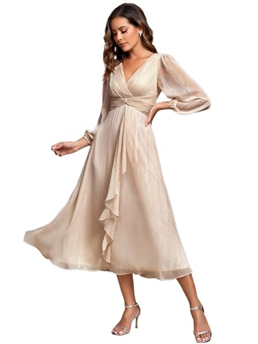 Ever-Pretty Robe de Soirée Chic Col en V Manches Longues Mousseline Maxi Robe évasée Champagne 34