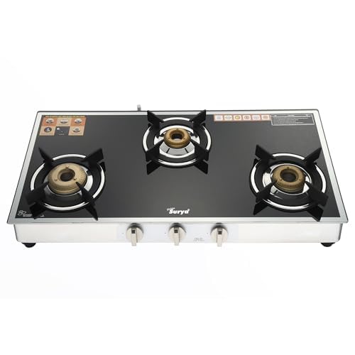 Golden Surya Platina 3 Burner Toughened Glass Gas Stove | Heavy Forged Brass | Stainless Steel Frame | Manual Ignition | ISI Certified | 18 Months Warranty-image-6