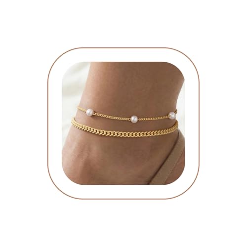 Image of 2 /3 PCS Gold Anklets for Women Waterproof Cuban Link Anklet Beaded Bracelets Stackable Bracelets 14K Gold Plated Custom Jewelry Gifts Non Tarnish Lightweight