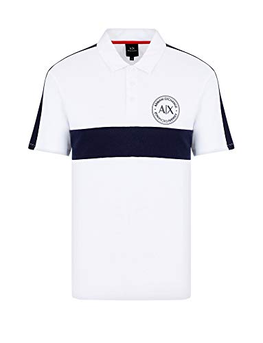 A|X Armani Exchange Men's Regular Fit Bold Stripe Short Sleeve Pique Polo Shirt, White W/Navy, L