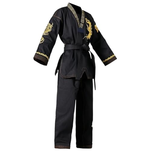 ATEUXOL Kimono de Karaté Uniforme de Taekwondo Noir, Costumes de karaté for Arts Martiaux, Motif de Dragon brodé(L-160CM)