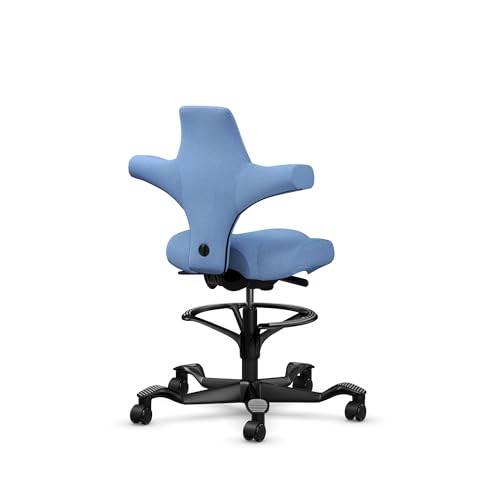 Image of HAG Capisco Adjustable Sit to Stand Desk Chair - Black Frame - Light Wash Blue Polyester Seat - with Footring