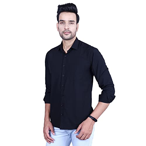 Image of Men's Cotton Solid Slim Fit Casual Spread Collar Shirt