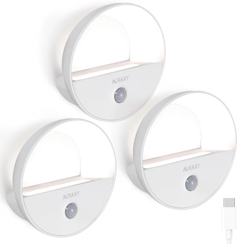 AURAXY Rechargeable Motion Sensor Night Light, Battery Night Lights LED Cool White Magnetic Stick-on Motion Sensored Hallway Light, with Dusk to Dawn Sensor for Stair, Wall, Bedroom, Bathroom(3 Pack) by AURAXY - Used condition - CA$12.52