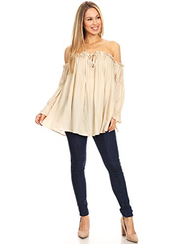 Anna-Kaci Womens Semi Sheer Boho Peasant Long Sleeve Off The Shoulder Top, Beige, Large #TOP4