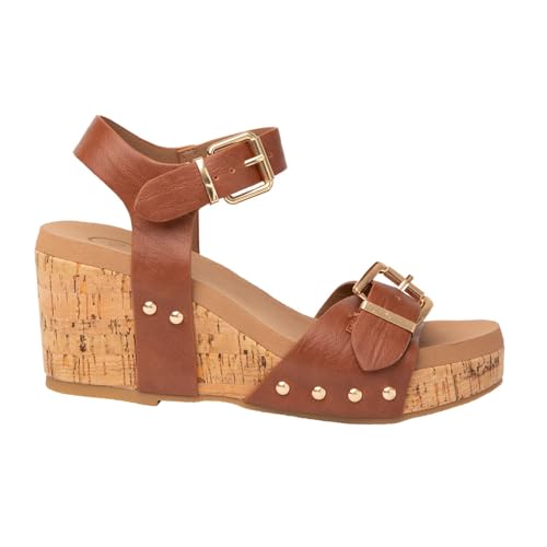 MKS SHOES Women's Cork Wedge Platform Sandals with Studded Straps, Ankle Buckle Closure, Black (COGNAC, US Footwear Size System, Adult, Women, Numeric, Medium, 7)
