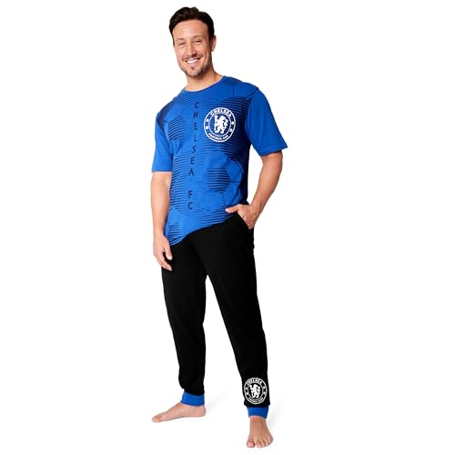 Image of Chelsea F.C. Mens Pyjamas Set Nightwear T-Shirt and Long Bottoms PJs Lounge Set for Men Teenagers S-3XL Gifts for Men (Blue/Black, S)