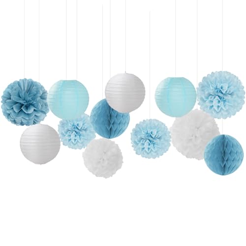 Image of Dusty-Blue White Party-Decorations Paper-Flowers Lanterns - 15pcs Birthday Baby Bridal Shower Tissue Pom Poms Streamers Honeycomb, Boy Men Wedding Bachelorette Hanging Supplies Decor Hugfond