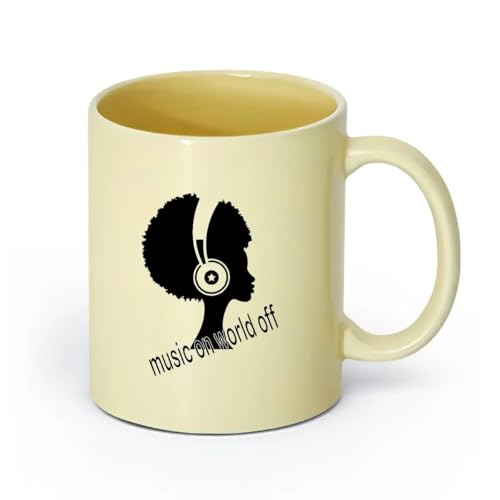AYUEHBN cerámica Taza de porcelana Música On World Off Cita inspiradora Palabras Chica africana Auriculares (11oz/320ml) Para el hogar o el trabajo Beige AYUEHBN cerámica Taza de porcelana Música On World Off Cita inspiradora Palabras Chica africana Auriculares (11oz/320ml) Para el hogar o el trabajo Beige