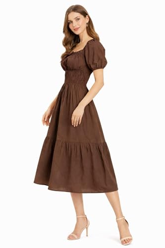 Image of BOOSTY Women's Puff Sleeve Smocked Midi Dress, Square Neck A-Line Dress