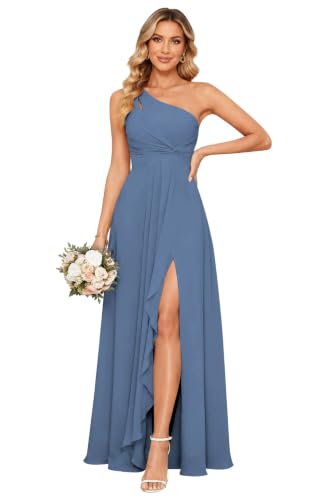 Woyiam One Shoulder Bridesmaid Dresses for Women with Slit Steel Blue US10