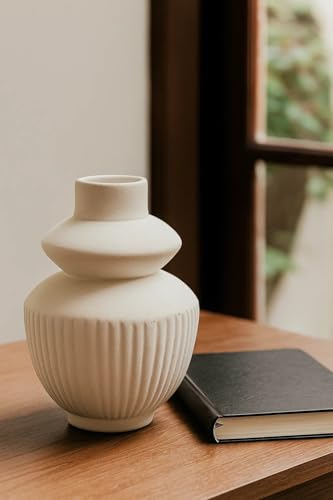 Image of SPHINX Ribbed Ceramic Vase for Home Decor | 6 Inch Matte Ivory Textured Flower Pot | Modern Nordic Style Table Vase for Living Room, Office & Bedroom Decoration