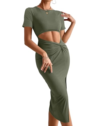 Image of Rooscier Women's Twist Cutout Waist Split Crewneck Short Sleeve Bodycon Midi Dress