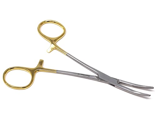 Kelly Hemostat Forceps 5.5" Curved Clamps With Half Serrated Jaws Ideal For Emt, Firefighter, Nurses, Dental, Hobby, Fishing Electronics, Pruning + More Stainless Steel (Gold Handle) #TOP17