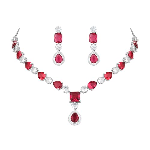 Image of I Jewels Silver Plated Cubic Zirconia American Diamond Valentines Special Necklace & Drop Earrings Jewellery Set for Women