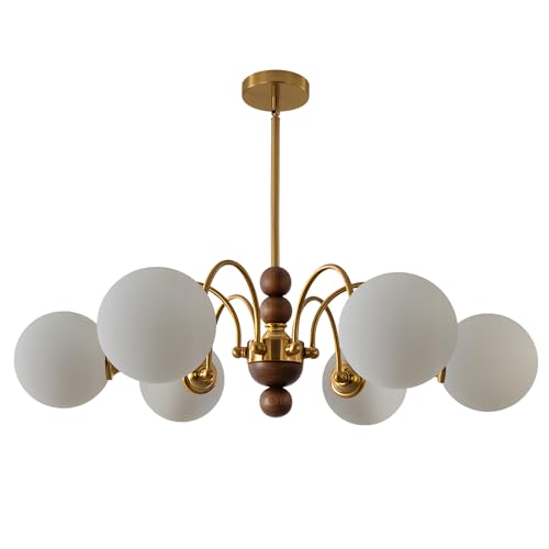 BOKT Modern Milk Glass Chandelier Rustic Wooden Sputnik Chandelier 6 Head Hanging Ceiling Lighting Walnut Wood Mid Century Pendant Lighting for Living Dining Room by BOKT - Used condition - US$121.11