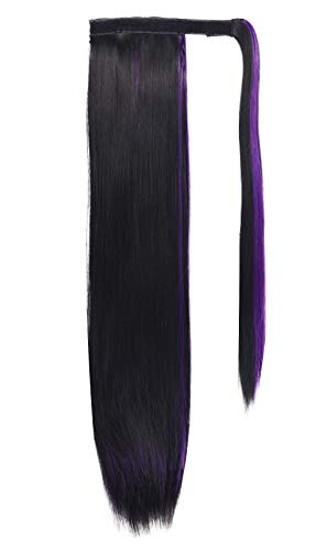 SEIKEA Clip in Ponytail Extension Wrap Around Long Straight Hair Extension 28 Inch Synthetic Hairpiece - Black (Dark Purple Highlight)