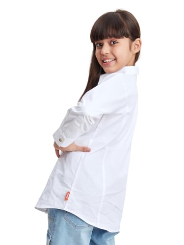 Image of olele Girls Full Sleeve Ruffles Cotton Linen Shirt - White for 4 to 14 Years | Kids Girl White Shirt | White Ruffle Shirt for Girls | Shirt Jeans
